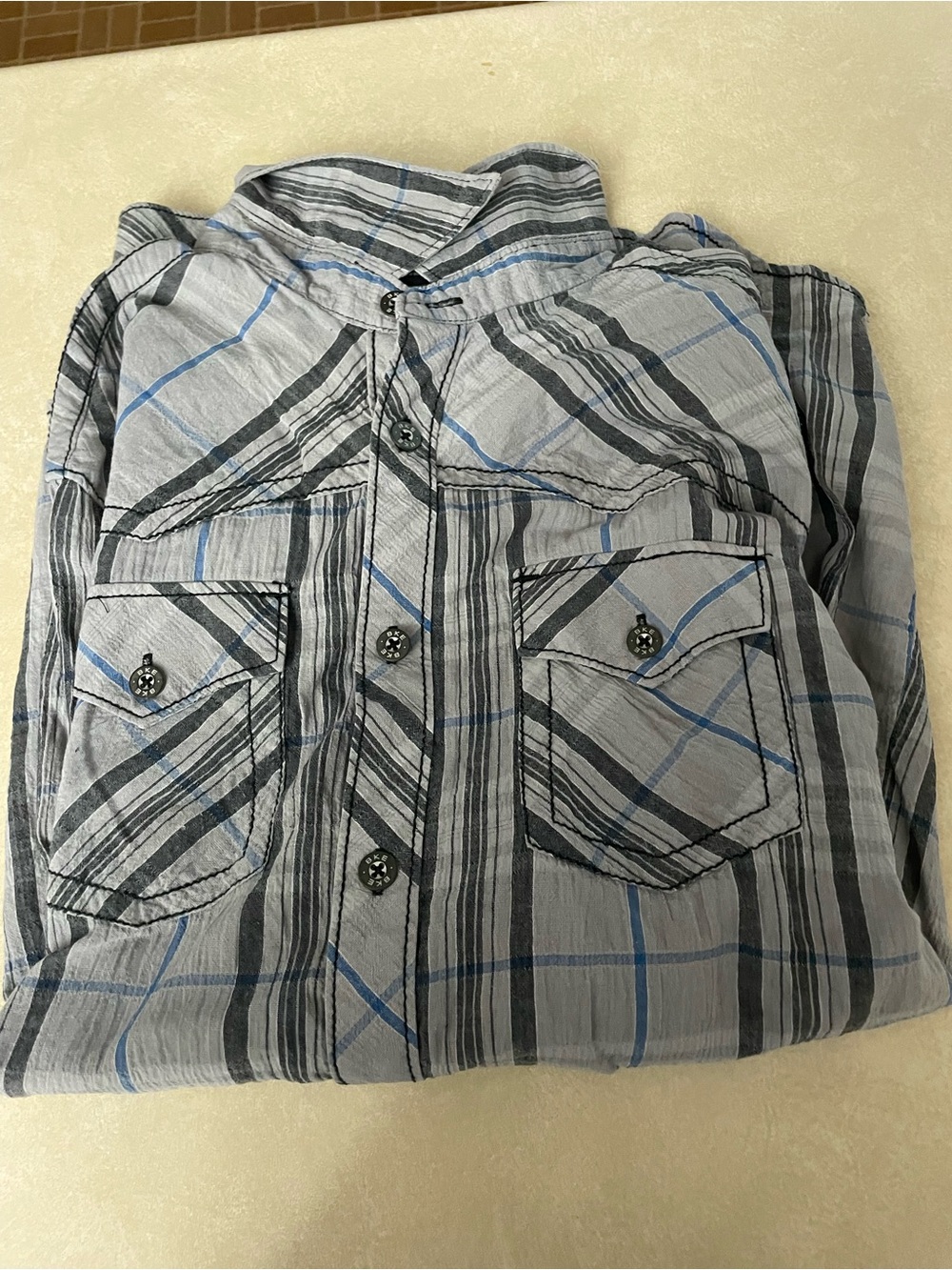 BKE Men's Gray Plaid Button-Up Shirt Jacket with Blue Accents